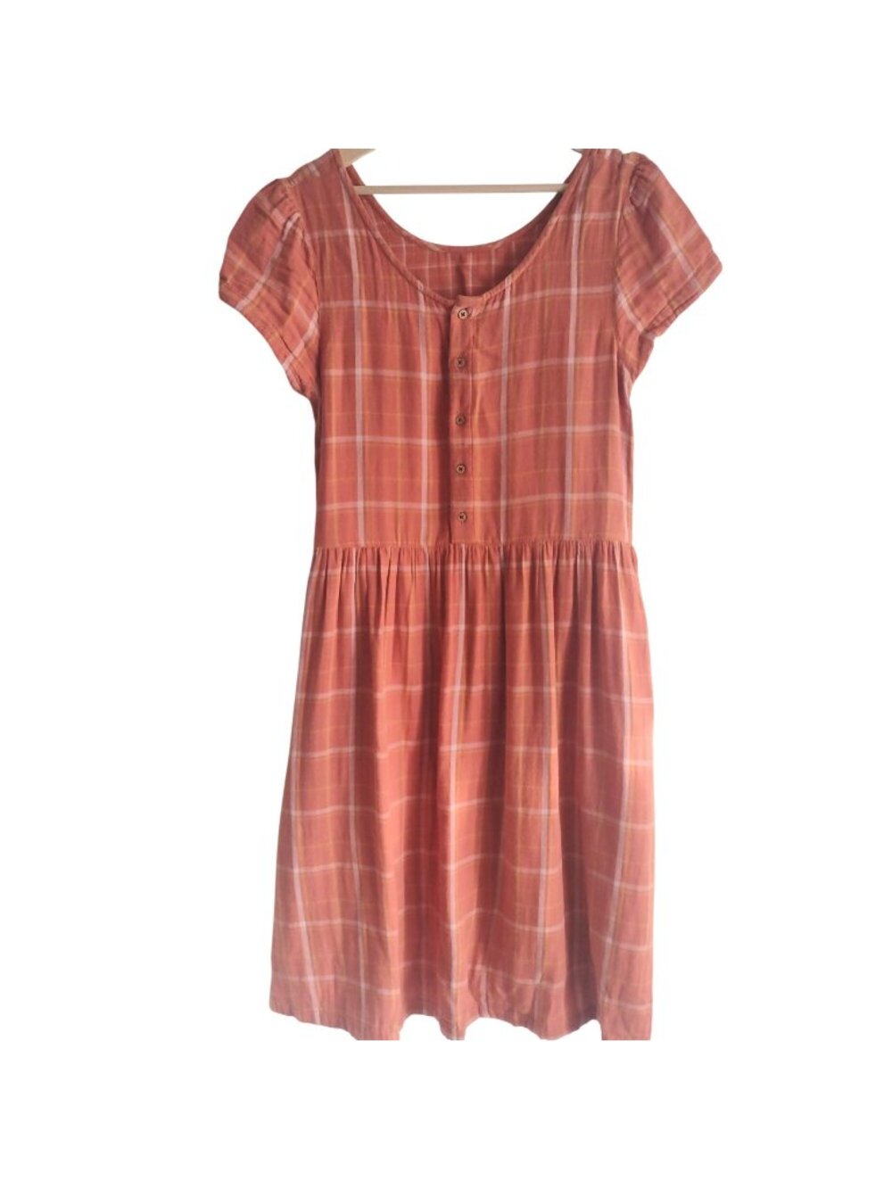 Wares by Ollie Ella Organic Cotton Dress M Orange Plaid Gauze Midi w POCKETS